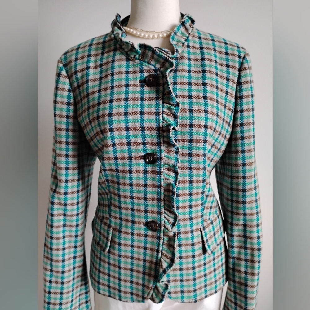 Talbots 100% Wool Ruffle Plaid Jacket Blazer Turquoise Blue Brown Classic Sz 12 - Picture 8 of 16